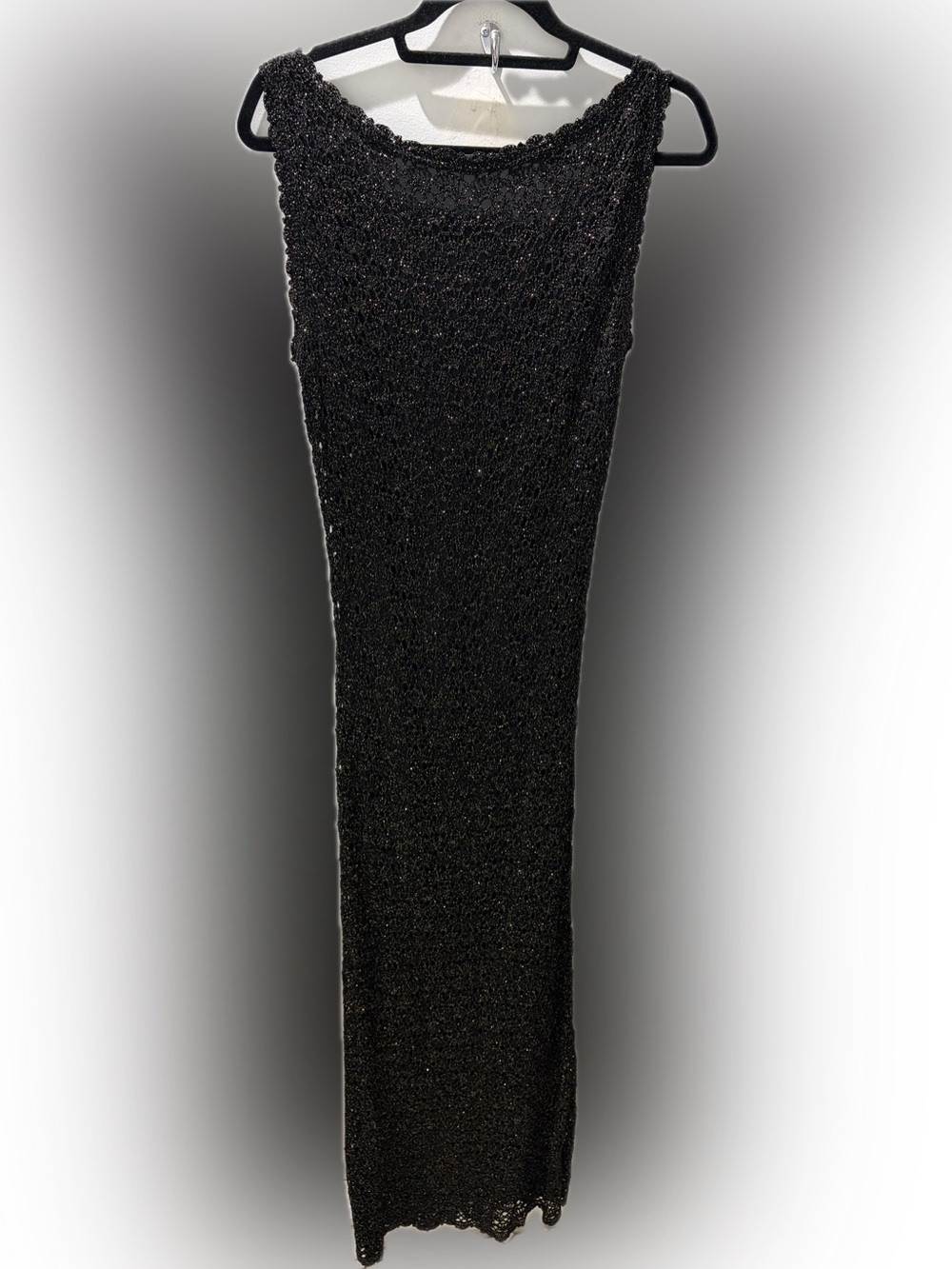 Vintage Simon Chang Black & Gold Metallic Crochet Knit Maxi Dress | Size L - Picture 2 of 7